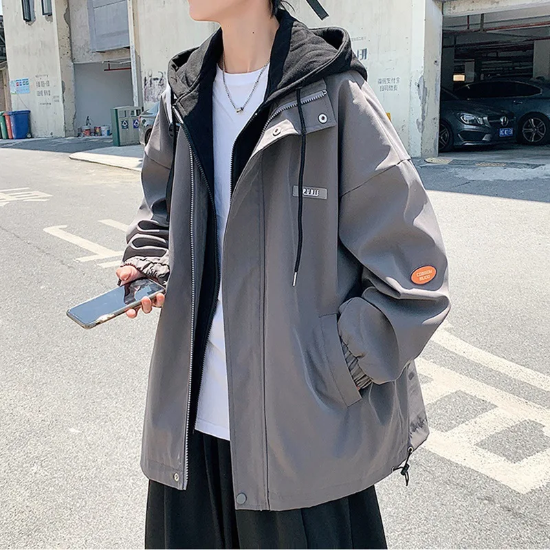 Trendy spring new jacket Casual Men Hooded Windproof Charge Coat Loose Mountaineering Suit Long Sleeve men's Jacket Sportswear