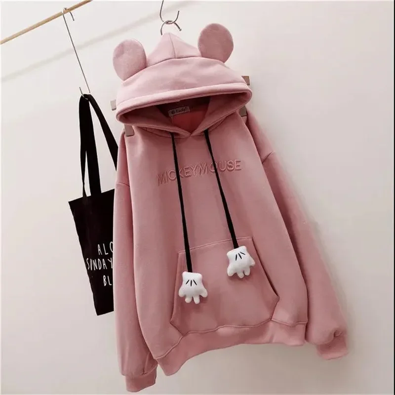 Autumn Winter Sweatshirt Korean Oversized Hoodies Cute Bear Ears Letter Long Sleeve Sweatshirt Fleece Thick Pullover Tops Femmes