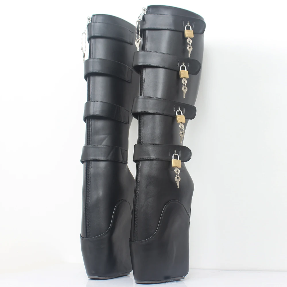 jialuowei Fetish Ballet Boots Women 18cm Super High Heel Sexy Wedge Hoof Heelless Platform Shoes Lockable Knee High Slave Boots