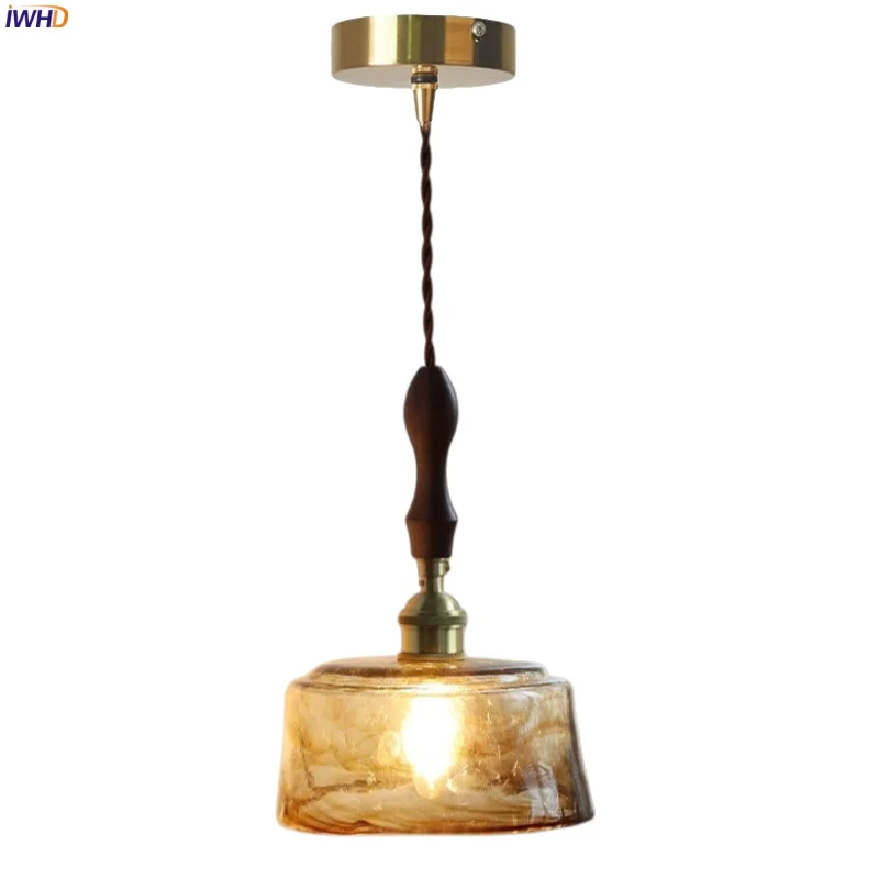 

IWHD American Vintage LED Hanging Lamps Bedroom Kitchen Balcony House Interior Lighting Copper Glass Pendant Light Hanglampen