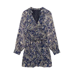 Tangada 2024 Women Flowers Print Chiffon Dress With Slash Long Sleeve Female Mini Dress BE0335