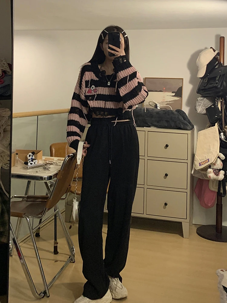 Pink Striped Gothic Sweaters Women Ripped Holes Loose Knitted Pullover Frayed Fairy Grunge Jumpers Streetwear Crop Tops Ladies