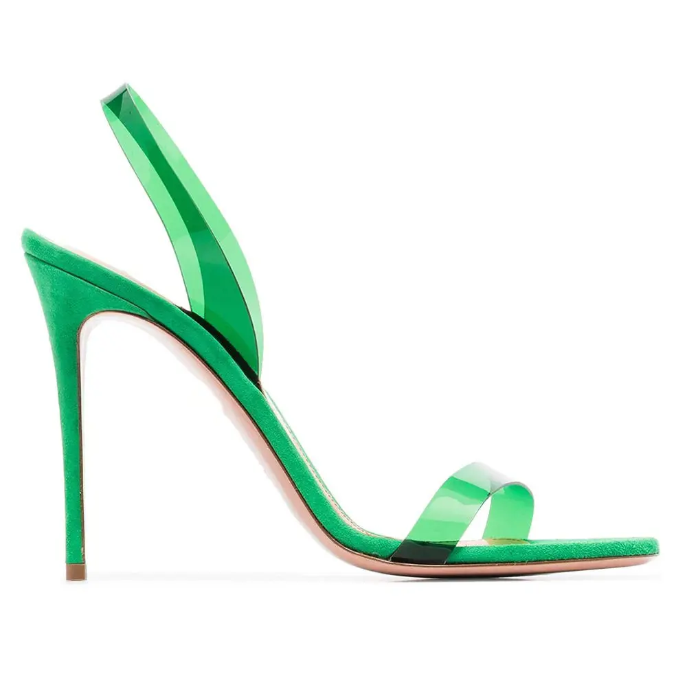 

New transparent flat belt green high-heeled shoes with exposed toes, oversized fashionable and comfortable suede sandals