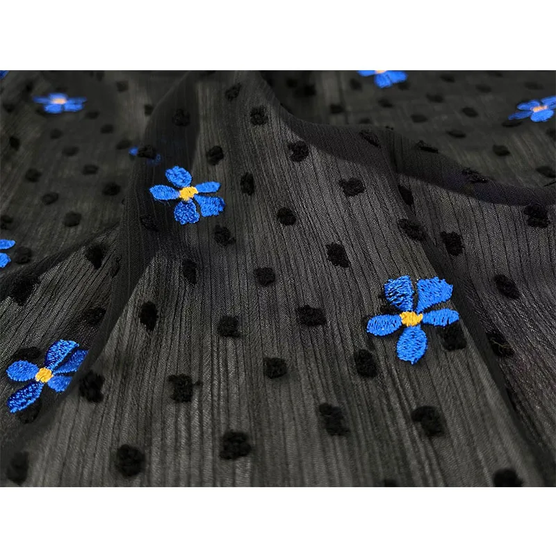 Blue Embroidered Chiffon Fabric Dress Shirt Cheongsam Clothing Fashion Designer Fabric Handmade DIY Cloth