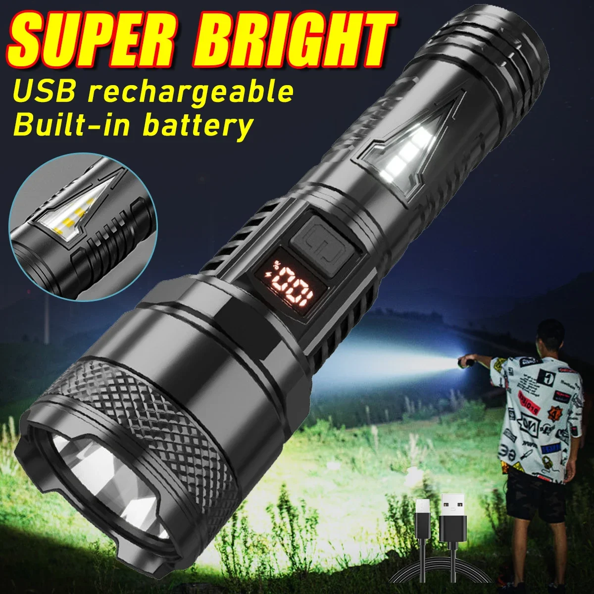 

High Bright LED Flashlight with COB Type-C Rechargeable Camping Lantern Portable Searchlight Outdoor Long Range Emergency Torch