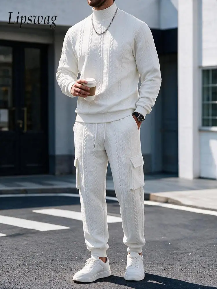 tenues-d'automne-texturees-pour-hommes-mode-unie-col-montant-manches-longues-et-pantalon-ensembles-deux-pieces-vintage-amples