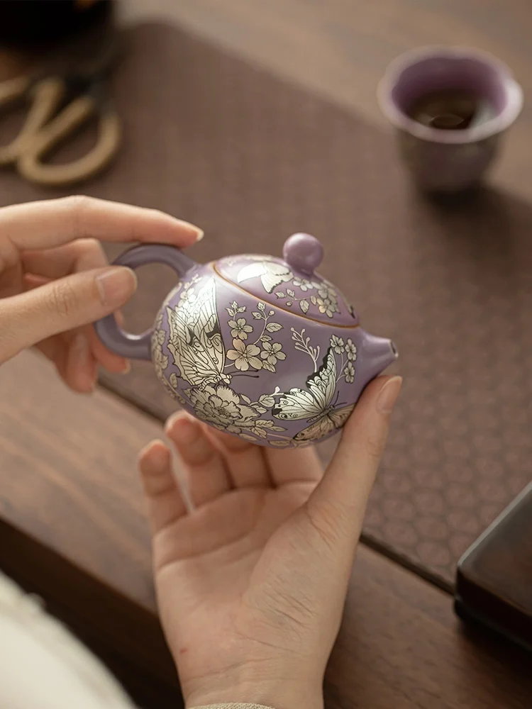 150ml Imitation Song Ru Kiln Teapot Gilded Silver Butterfly Pot Natual Opening Ceramic Pot Lady Set Ceremony