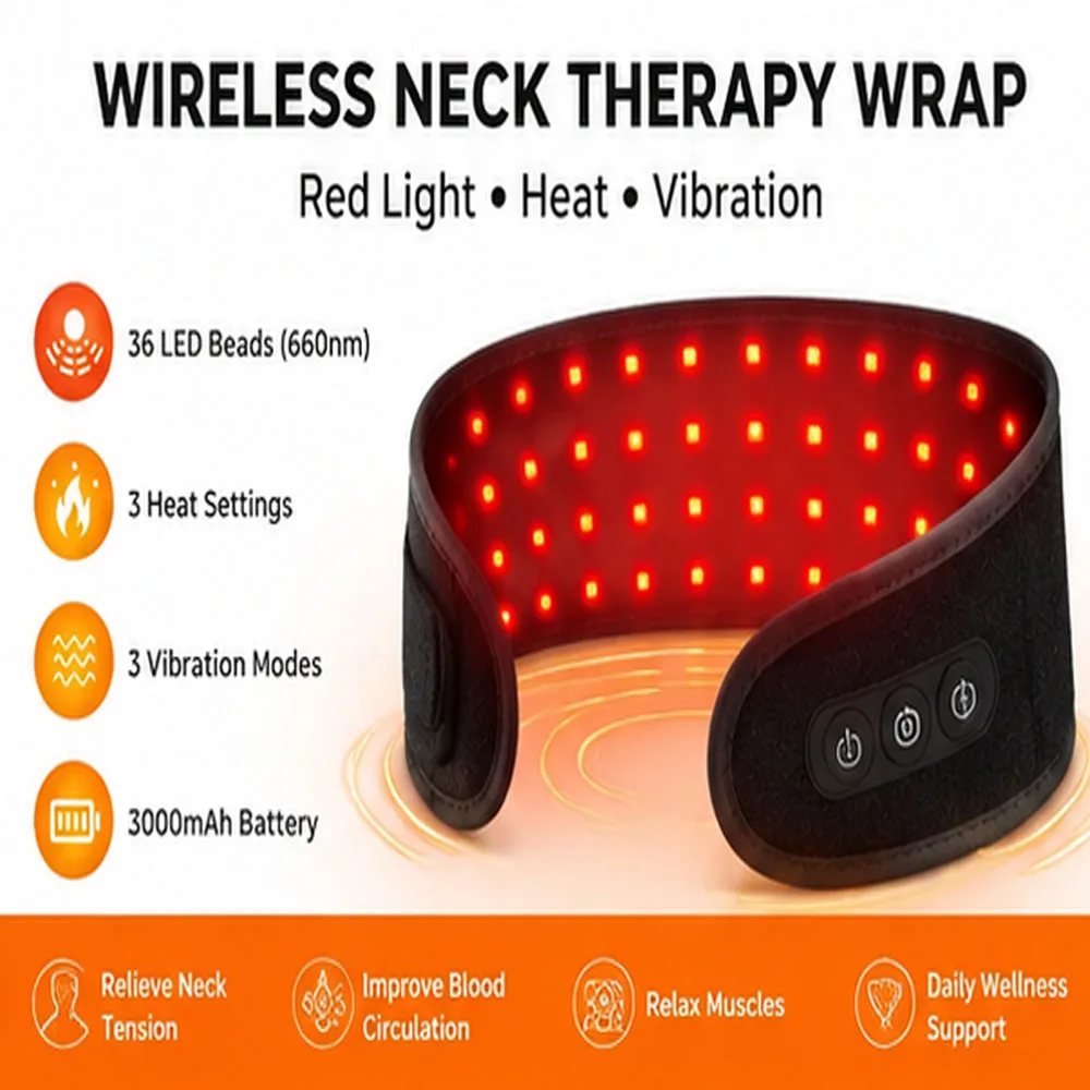 

Cordless Red Light Heating Neck Belt Black with Vibration 660&850nm Adjustable Wrap for Hand Knee Full Body Home Use& Relax