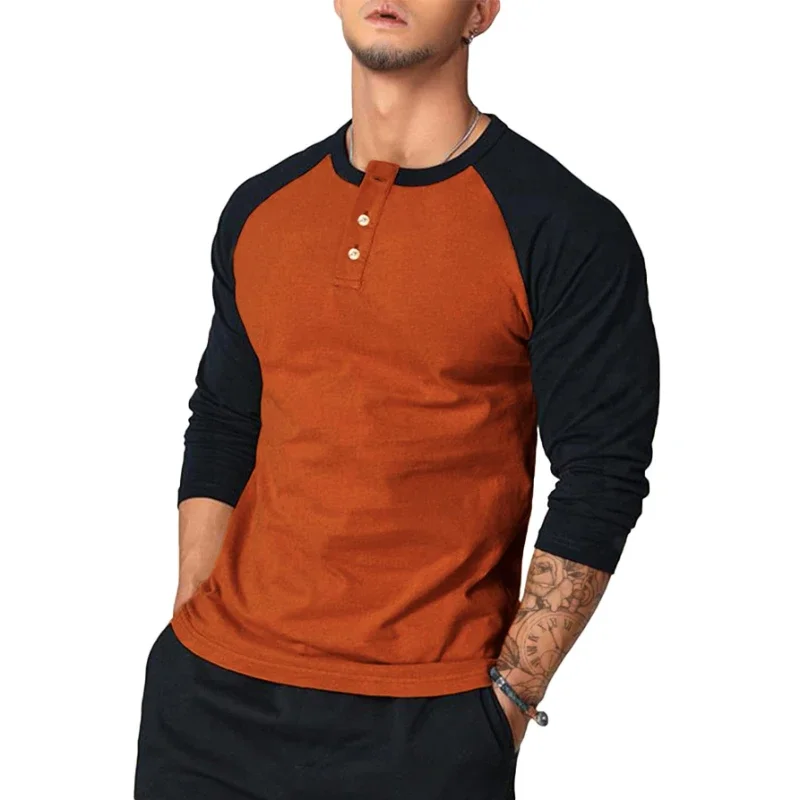 New Men\'s Casual T-shirt Men\'s Round Neck Slim Arm Color-blocked Long Sleeve T-shirt European and American Base Shirt