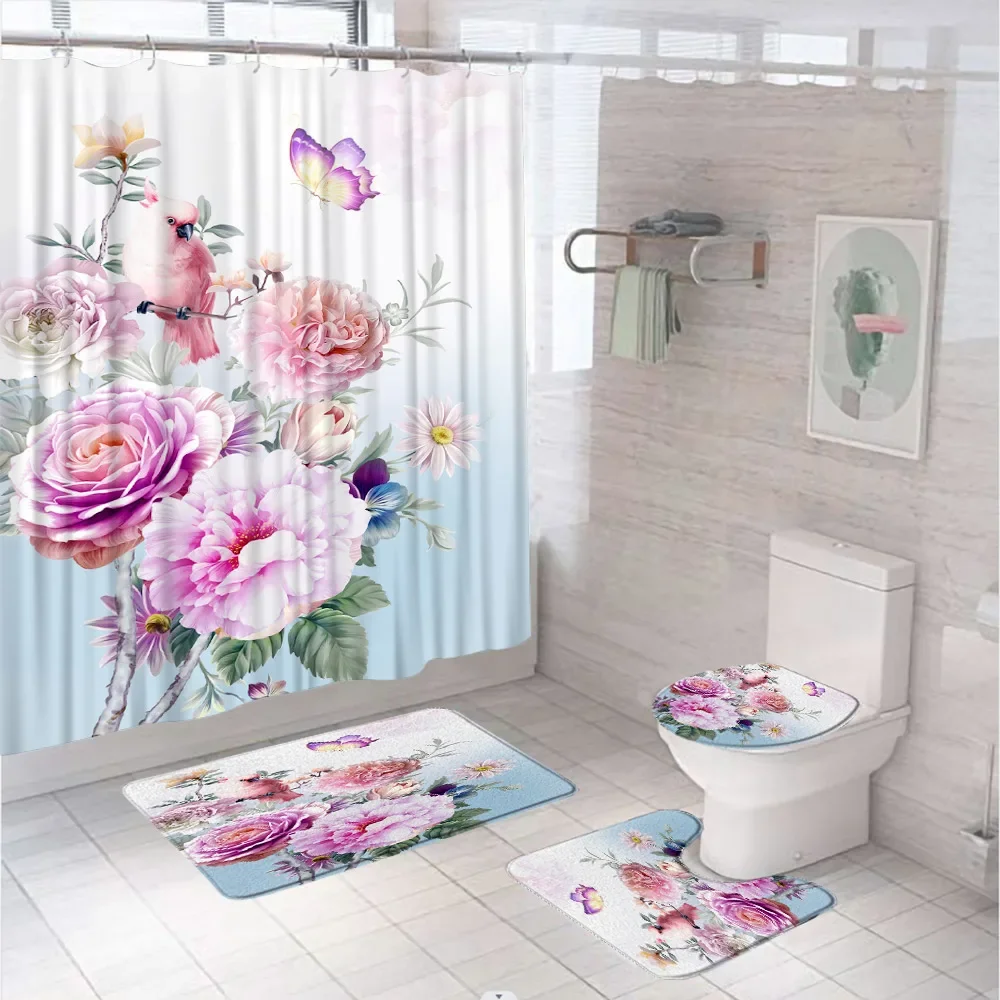 Peony Floral Bird Butterfly Shower Curtain Set Bathroom Screen Colorful Flowers Daisy Bath Mat Toilet Lid Cover Carpet Rug Home