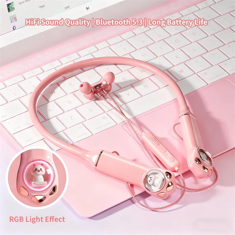 Wireless Bluetooth Earphone Neck Hanging Style Cute Cat Space Cabin RGB Light Effect Long Battery Life Sport Headphone For Girls view 2