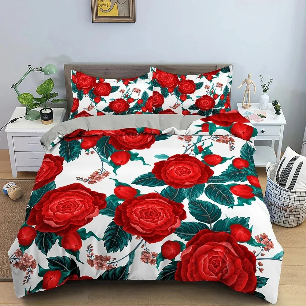 Funda nórdica con diseño de rosa 3D, juego de cama doble 210x210, funda de edredón de 2/3 Uds con cierre de cremallera, funda de edredón de poliéster tamaño King