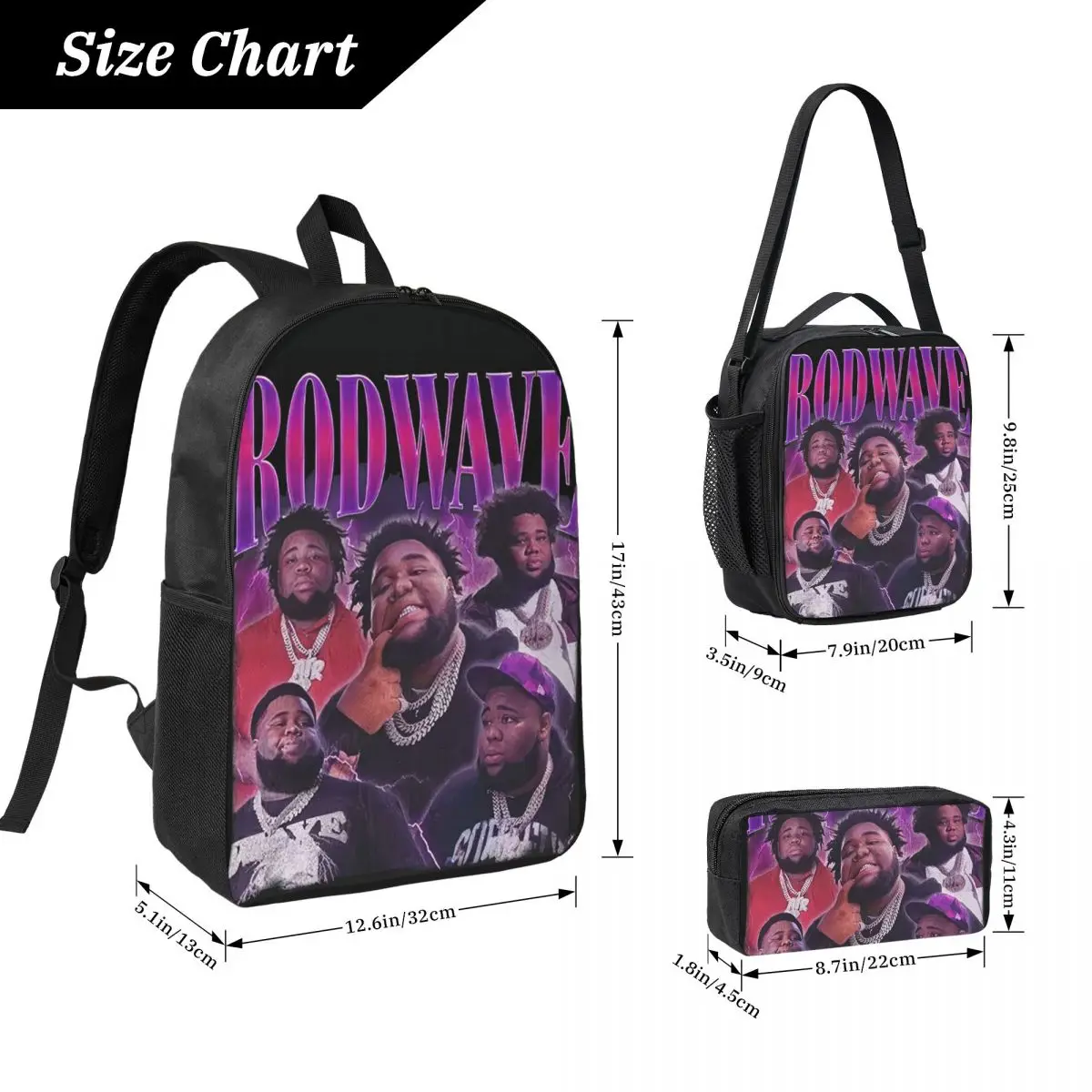 Rod Wave Rugzak Student Jongens Meisjes Boekentas Schooltas Computer Schoudertassen 3ps Geïsoleerde Lunchtas Etui