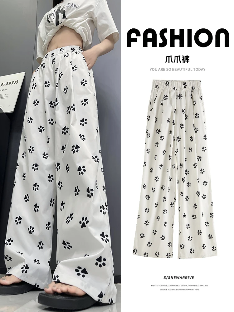 Dog Claw Printed Yamamoto Pants for Women's Summer 2024 New High Waist Draping Casual Pants Straight Leg Wide Leg Pants