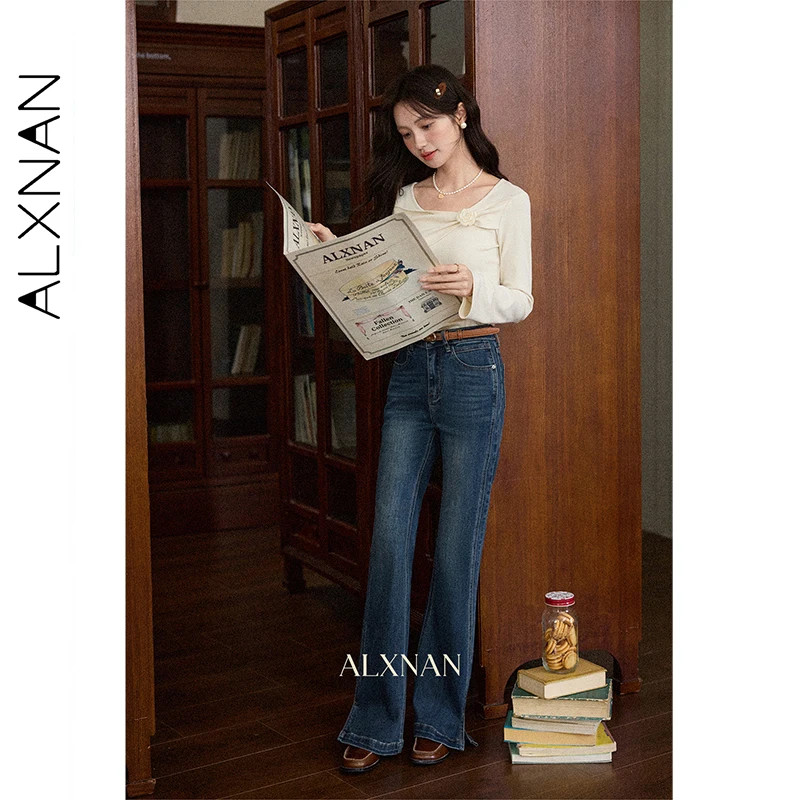 ALXNAN Vintage Blau Split Jeans frauen Herbst Gerade Baumwolle Denim Hosen Lässig Elegante High-taille Büro Dame Hosen L56975
