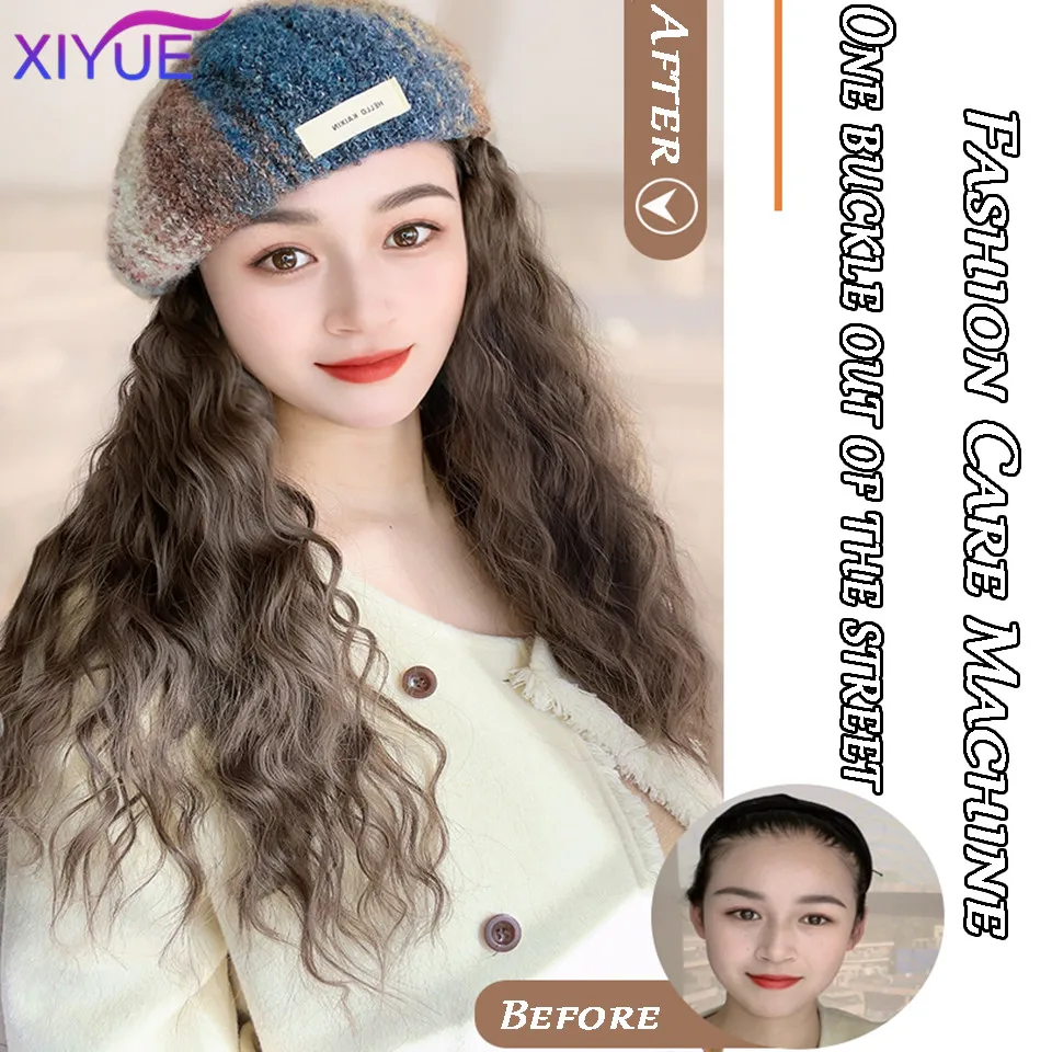 XIYUE  Hat Wig Women's Autumn/Winter Wig Hat Beret Water Ripple Korean Version Corn Bead Full Hat Synthetic Wig