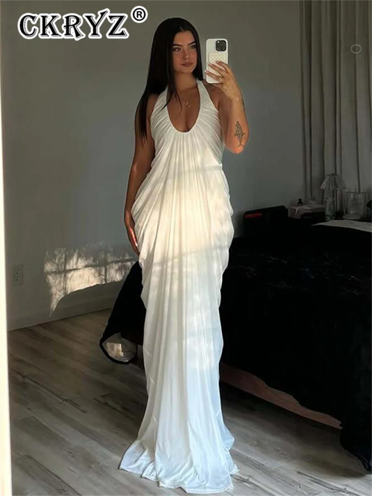

Ladies Summer Elegant Evening Birthday Party Maxi Dress Women Sleeveless Backless Halter Sexy Long Dress Club Streetwear Outfits