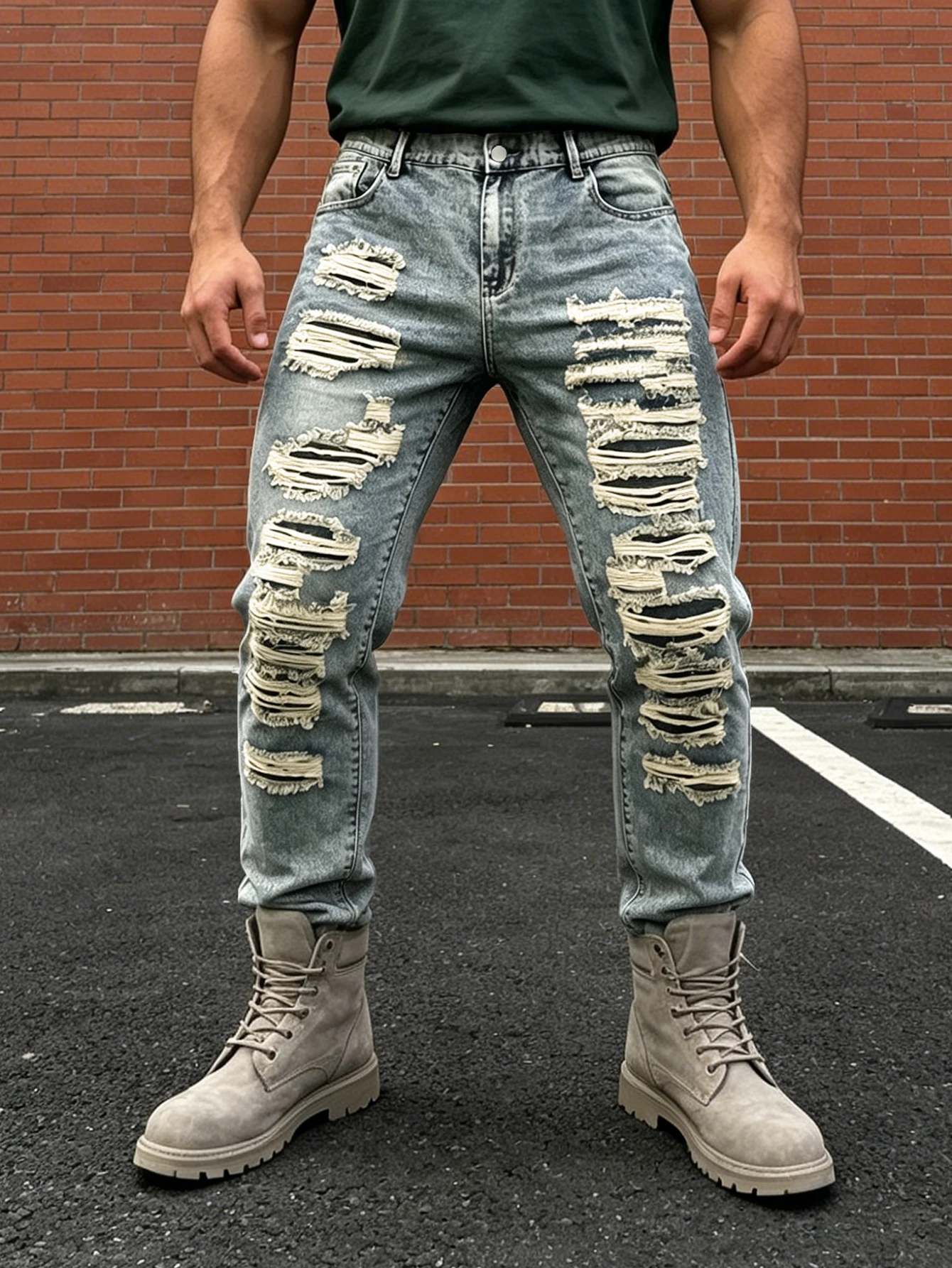 Plus size men's ripped gray blue washed jeans heavy industry multi-layer raw edge ripped straight tr