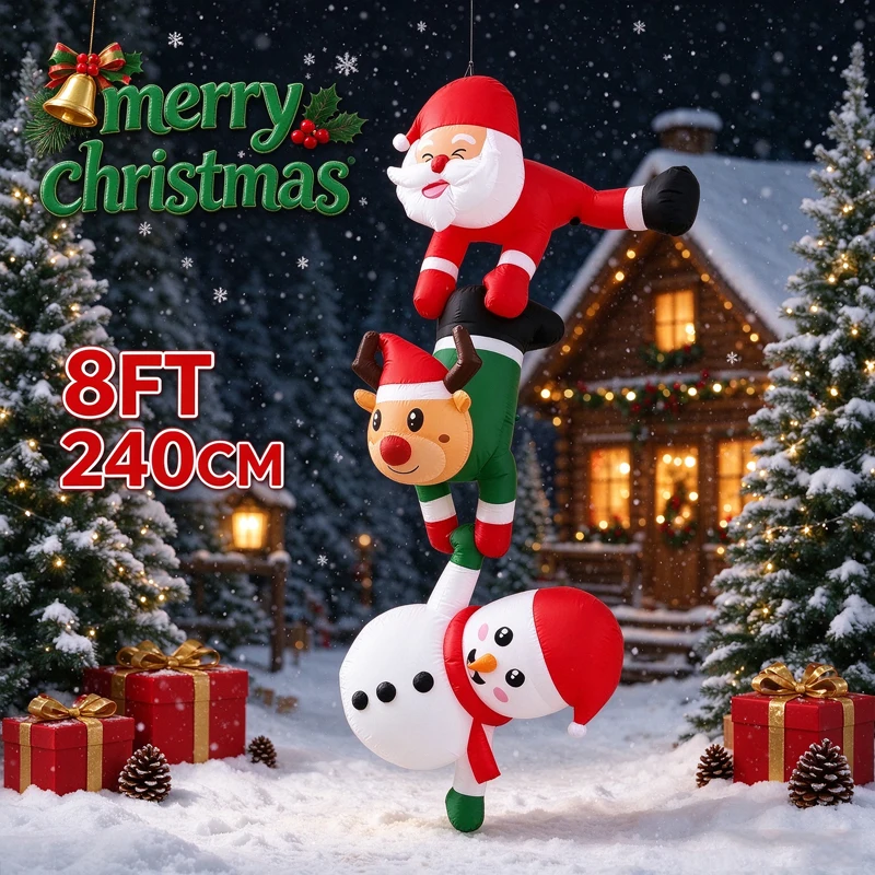 8FT Hanging Christmas Inflatable Stacked Santa Reindeer Snowman, Blow Up Xmas Hanging Ornament, Indoor Outdoor Christmas Holiday