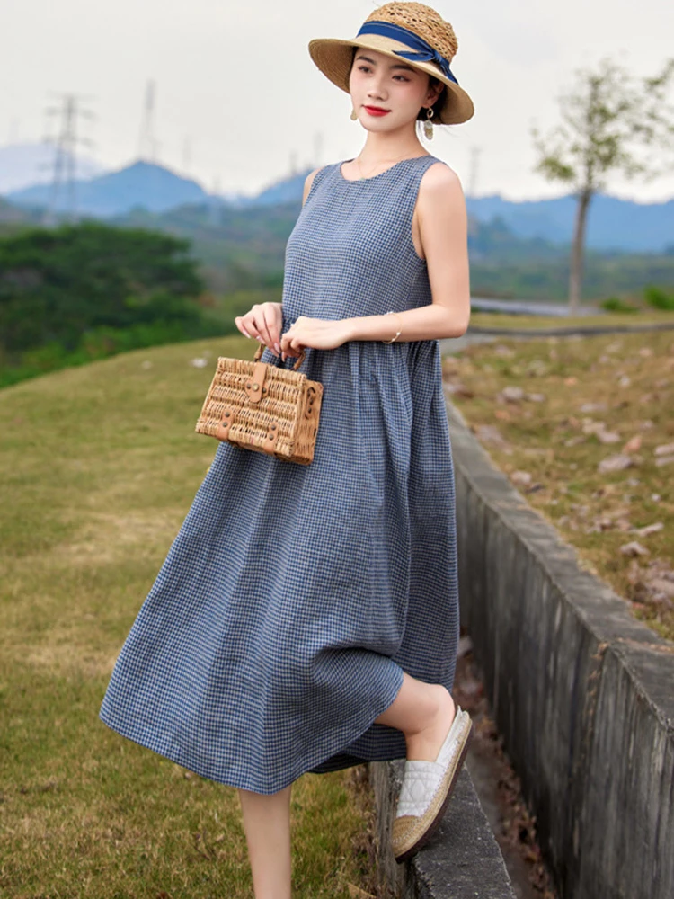 Women Cotton Linen Long Dress New Arrival 2025 Summer Vintage Style O-neck Plaid Pattern Loose Female Casual A-line Dresses T584