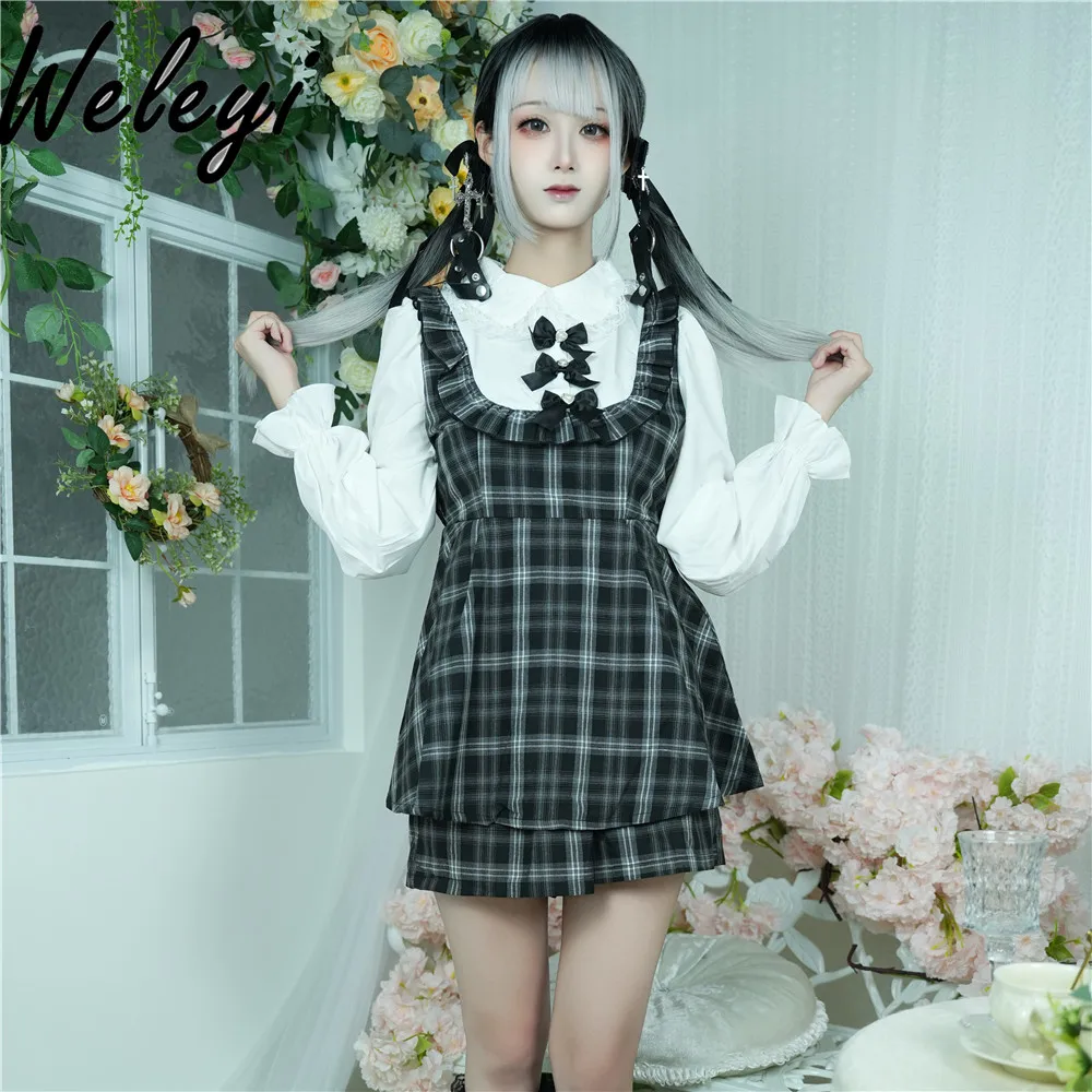 Trajes japoneses con lazo para mujer, novedad de Otoño de 2024, producción en masa de Lolita, dulce y bonito vestido a cuadros de manga larga, pantalones cortos, traje de 2 piezas