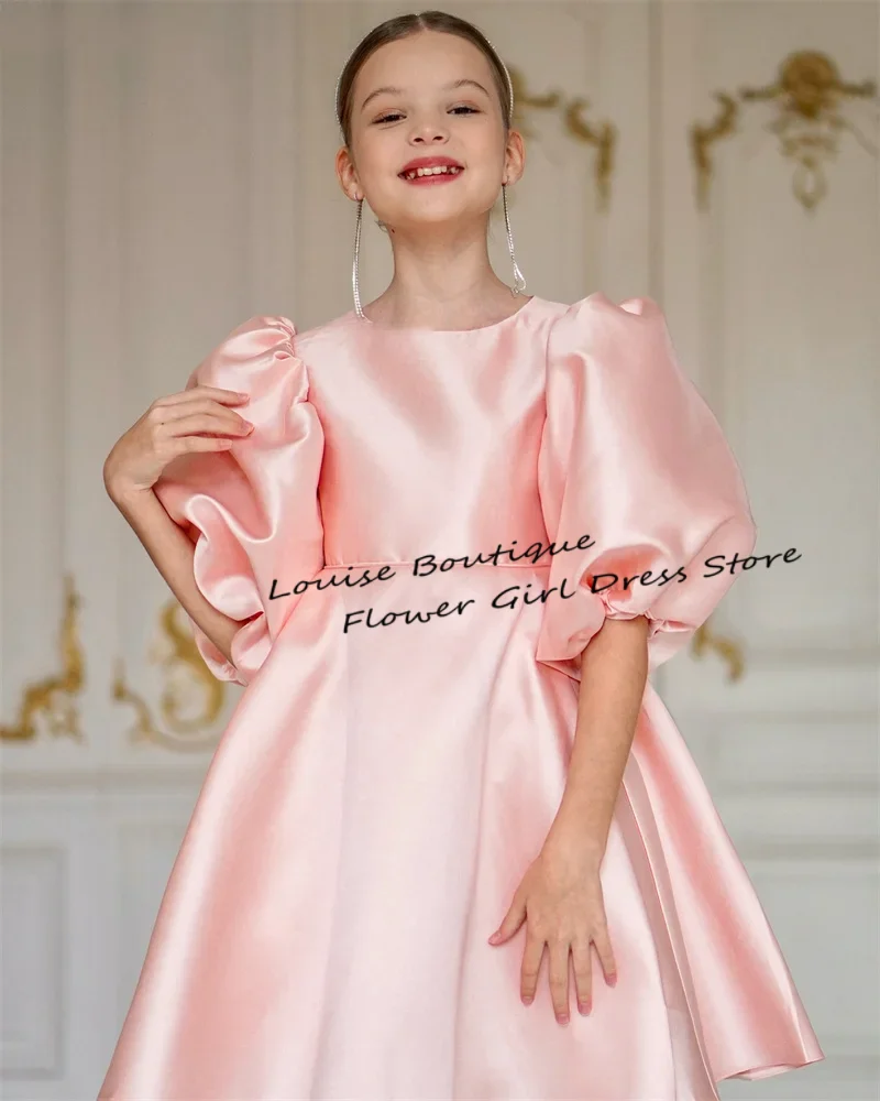 Louise Semplice A-Line Abiti da ragazza di fiore Fiocco in raso Ragazze Festa di nozze Abito da prima comunione O-Collo Abiti al ginocchio Personalizzati