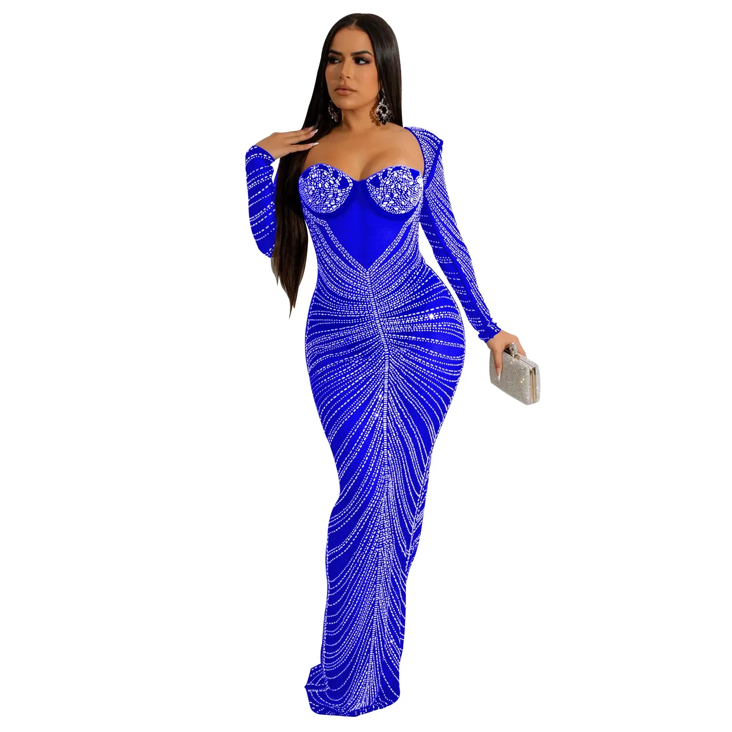 Women's Clothing Rheinstone Mesh Long Sleeve Slim Ankle Length Evening Party Dress