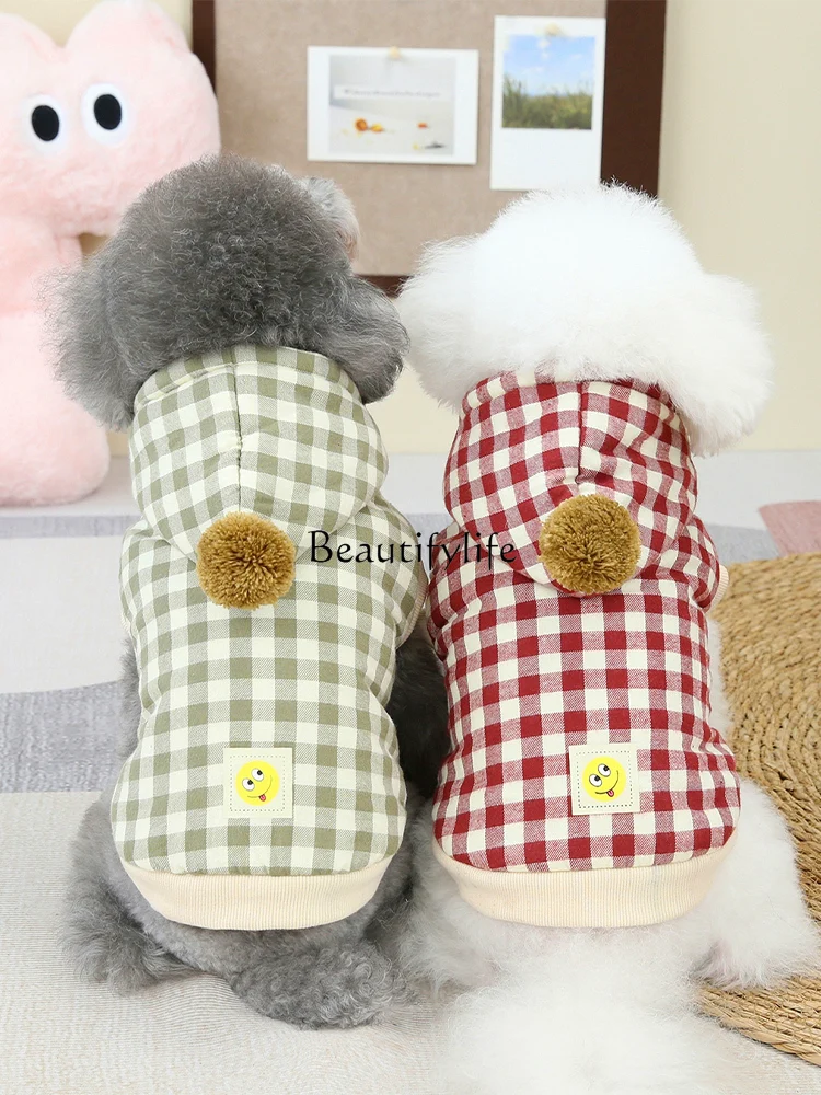 Puppy Dog Plaid Clothes Autumn and Winter Pet Fleece-Lined Hooded Cotton-Padded Clothes