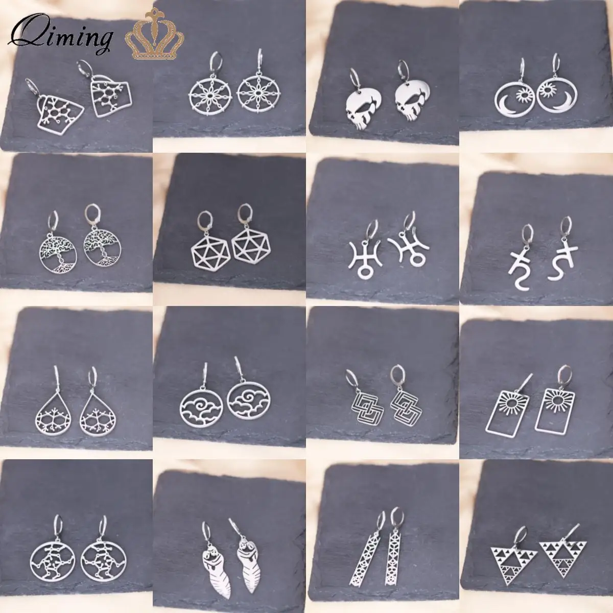 QIMING Caffeine Molecule Tree Of Life Handmade Earrings For Women Stainless Steel Geometric Vintage Hoop Earring