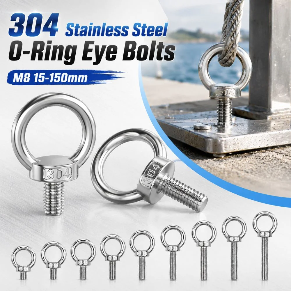 304 Stainless Steel Eye Bolts M8 15-150mm Heavy-Duty O-Ring Extended Bolts Hand-twisting Rust Prevention Lifting Bolts Eyelets