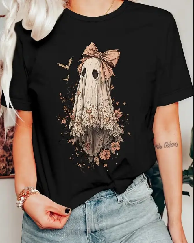 Women Vintage Floral Ghost Graphic T Shirt Morandi Lace Big Bow Ghost Bat Print Round Neck Short Sleeve Casual Tee Halloween Fall Party Gift Top