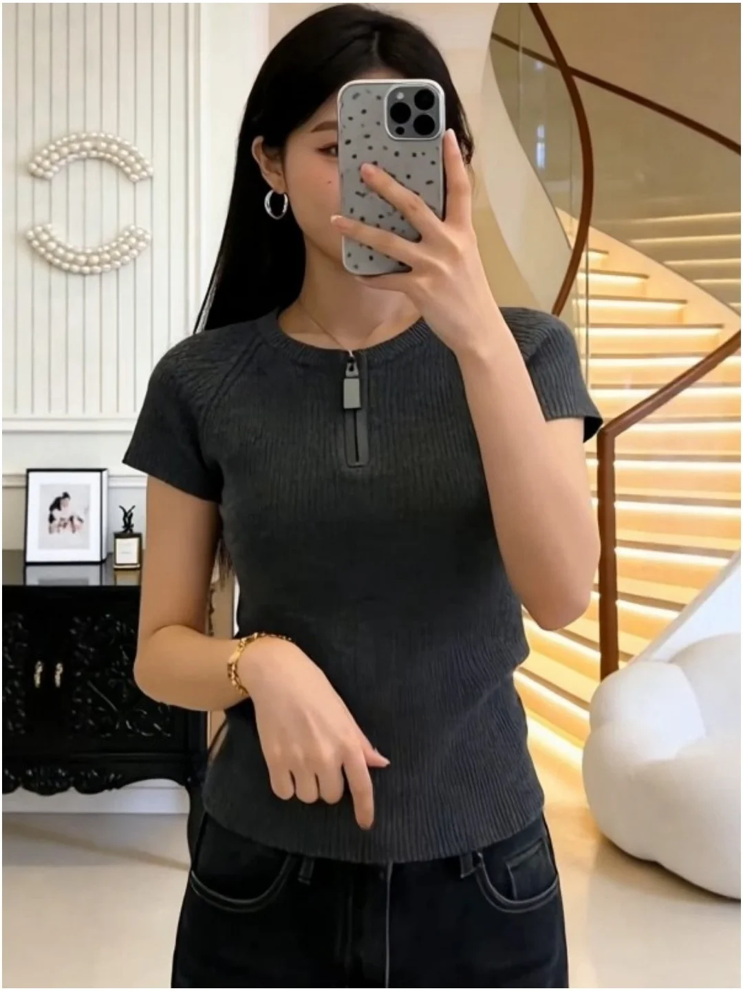 Gray Short Sleeve Knitted Sweater Women's Slim Fit Half Zip Korean Style Spring Summer New Style Soft Comfortable Fashion Top