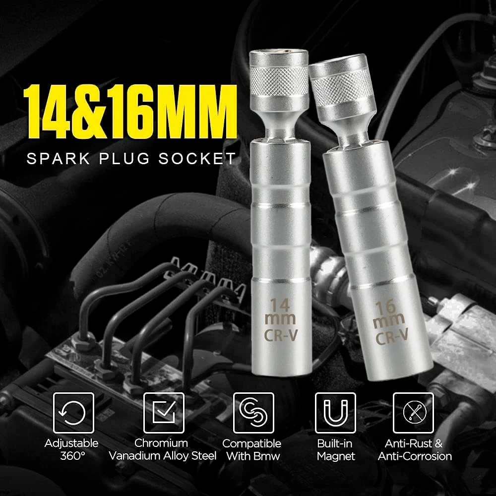 2023 Spark Plug Socket Wrench Adapter 14mm16mm Set Universal Joint Flexible Socket Thin Wall 3/8\