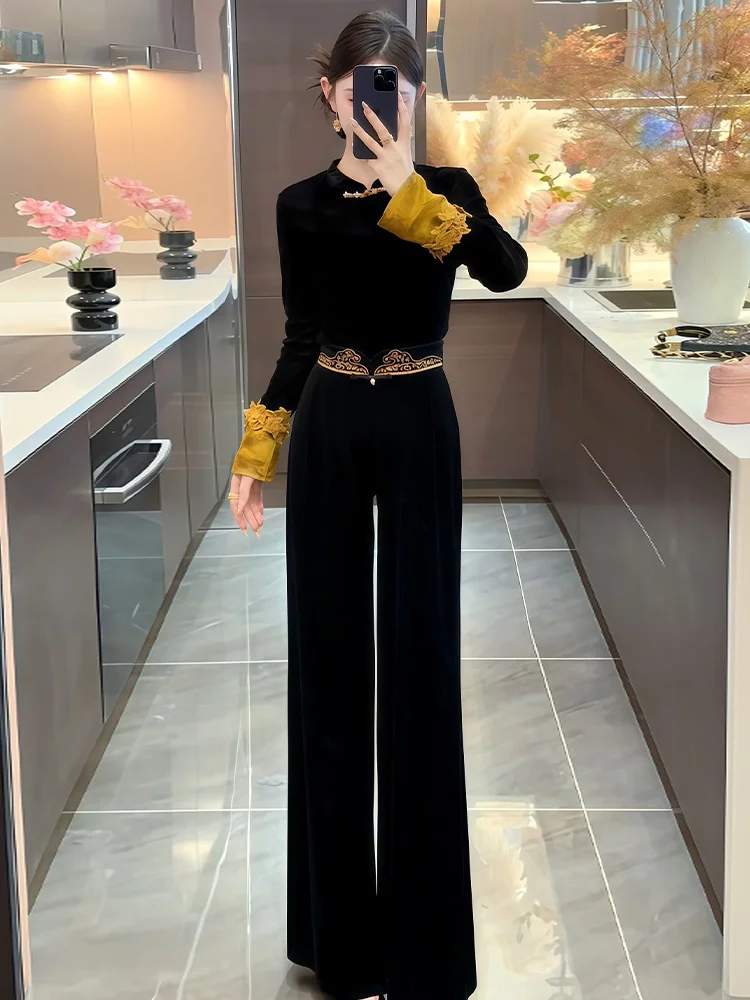 

Шикарный китайский комплект из двух предметов свободного кроя, женский осенний повседневный комплект ранней моды, дышащие хлопковые брюки и топ