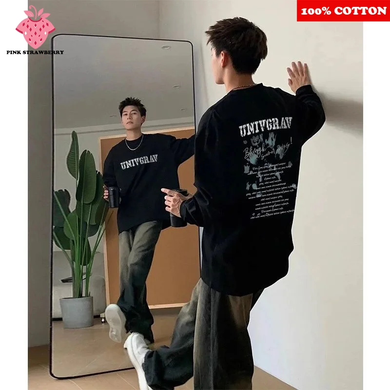 

American Trend Letter Print T-shirt Men Autumn 2025 New 100% Cotton Oversize Black Long sleeved T-shirt Y2k Top mens clothing