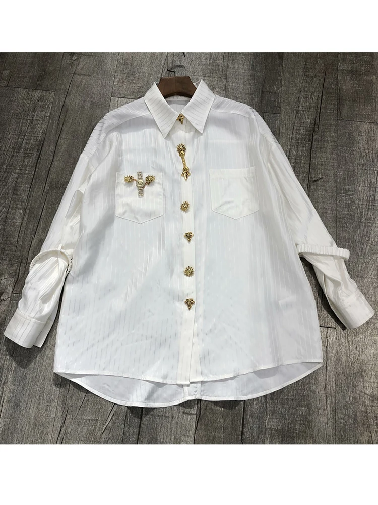 TWOTWINSTYLE Casual Plain Blouses For Women Lapel Long Sleeve Patchwork Diamonds Single Breasted Shirts Female 2022 Clothing New