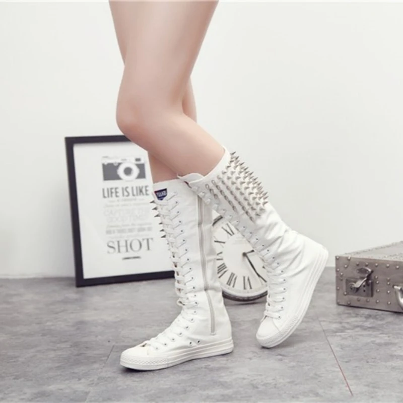 

Women Canvas Boots Punk Rivet Shoes Slip on Flat Mid- Calf Sneakers Casual Comfortable Outdoor Soft Shoes Boot Plus Size 34-43