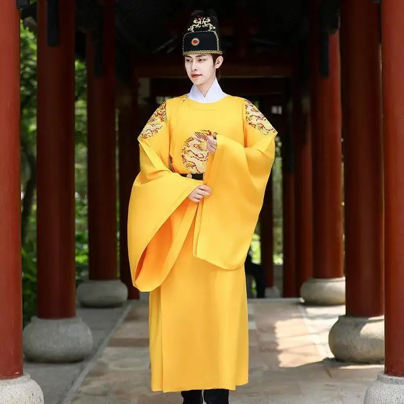 Hanfu Classico con Ricamo Drago Giallo, Abito Tradizionale Cinese Tang Song con Collo Tondo per Uomo e Donna, Costume per Eventi e Carnevale
