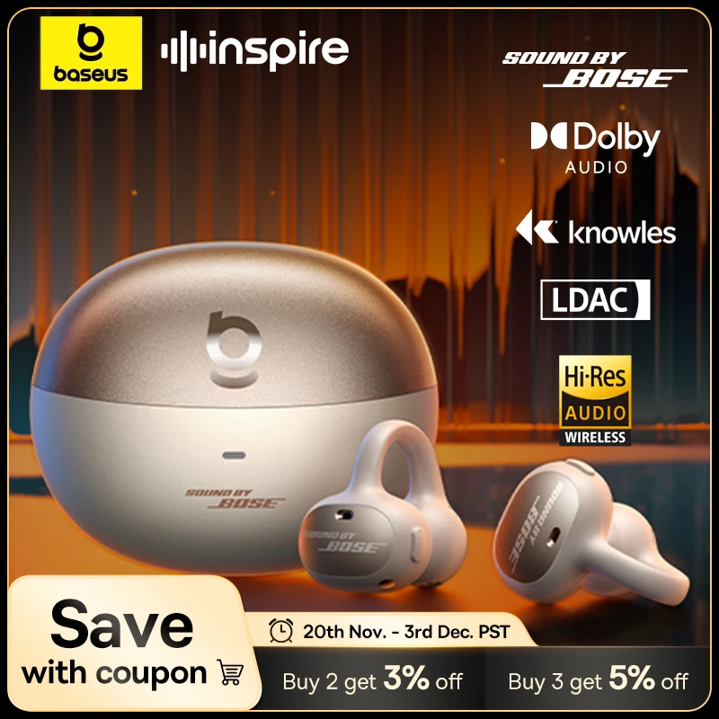 Baseus Inspire XC1 Ear Clip Wireless Earbuds Bluetooth 6.1 Hi-Res Open Earphones earrings 4-Mics Clip on ear buds Sound by Bose