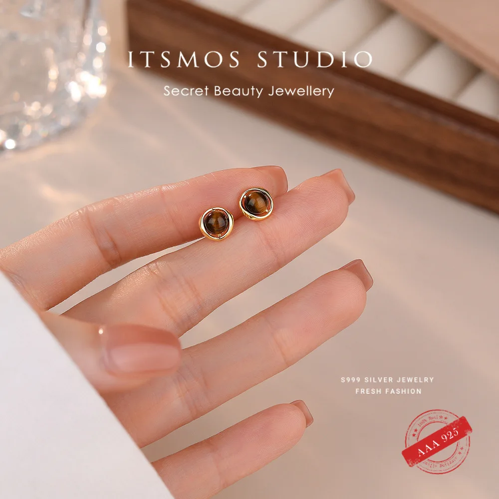 

ITSMOS Natural Tiger‘s Eye Earrings s925 Silver Money Attraction Energy Protection Studs Abundance Stone Spiritual Gift for Her