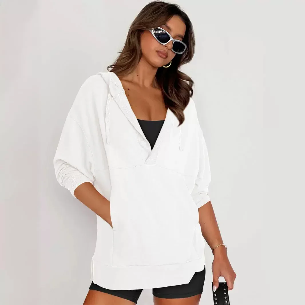 2025ฤดูใบไม้ผลิฤดูใบไม้ร่วงใหม่ผู้หญิงHoodiesหญิงVคอสีทึบHooded Drawstring Pullovers Lady's Oversizeเสื้อกันหนาว