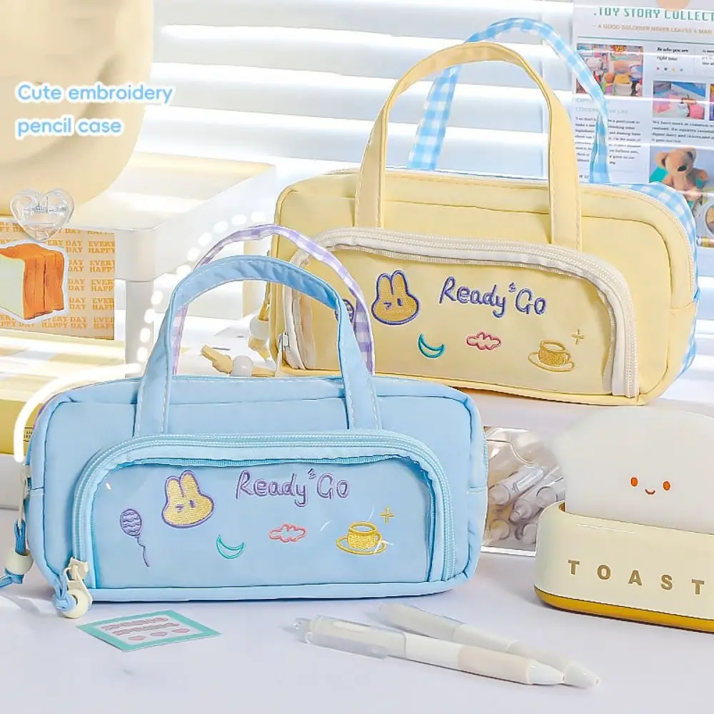 Creative Cartoon Pencil Case Portable Embroidery Pen Organizer Pouch Multi-layer Double Sided Pattern Multi-layer Stationery Bag