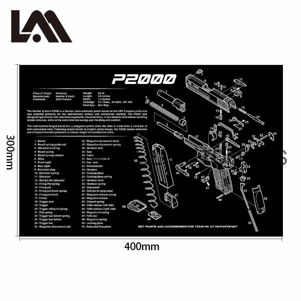 Zestaw mata gumowa do czyszczenia pistoletów Glock 75 Gen4 schemat części i instrukcje podkładka pod mysz Walther PPQ HK P2000 SIG p365