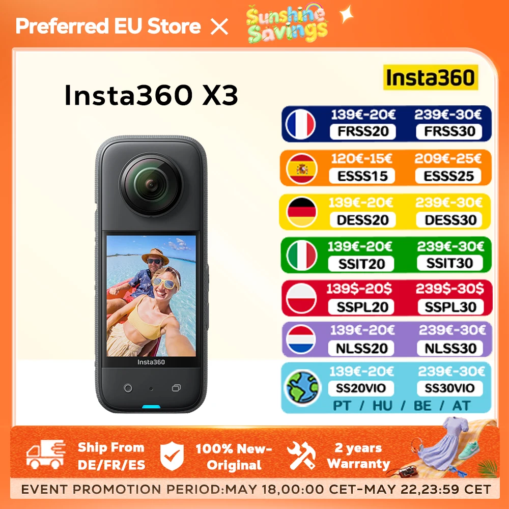 Cámara de acción Insta360 X3 48MP 1/2" 360 °   Cámara de acción impermeable con sensores de 48MP 5.7K 360 °   Vídeo HDR activo 72MP 360 °   Fotos 4K Lente única, Estabilización Pantalla táctil de 2,29"