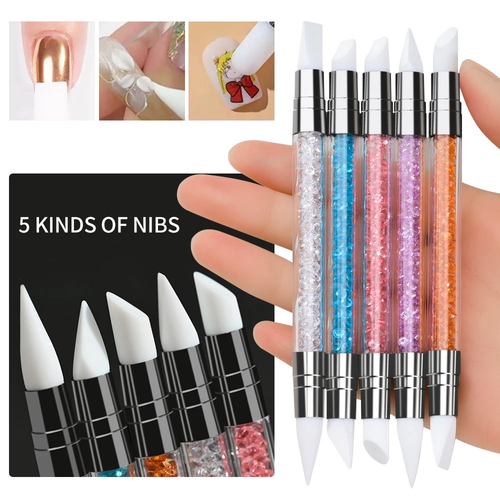 5Pcs/Set Dual-Ended Silicone Head Carving Dotting Pen Nail Art Brushes Rhinestone Crystal Handle Tool For DIY Gel Manicure Tools