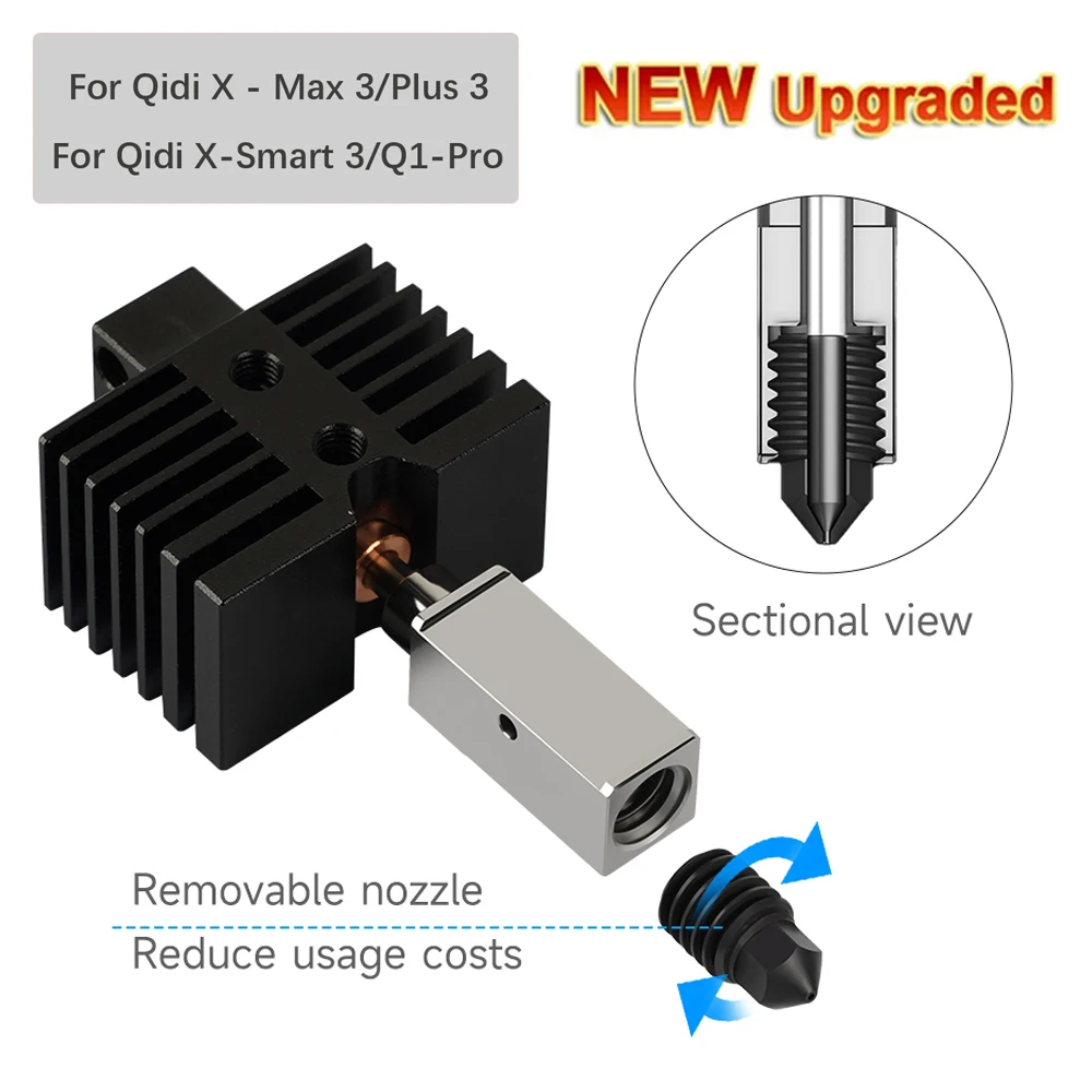 Upgraded Hotend for Qidi X Plus 3 / X Max 3 / X Smart 3 / Q1 Pro Print Head Kit 24V 60W Hot End Brass Hardened Steel Nozzle