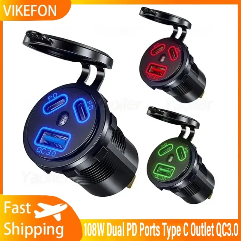 

108W 12V Dual USB C Outlet Car USB Charger Socket 3 Ports Fast Charging Socket Power Waterproof for Car Marine Motorcycle