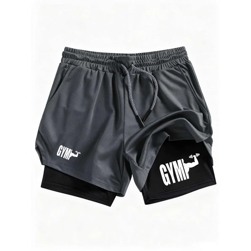 

Men'S 2-In-1 Running Shorts With Phone Pocket And Towel Loop Gym Letter Print Workout Athletic Activewear Summer Sport Shorts