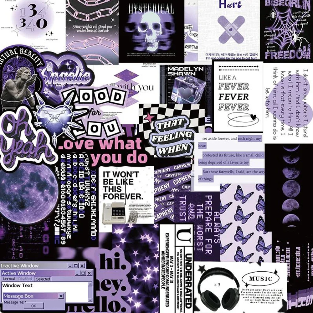 

10/30/60pcs Black and Purple INS Graffiti Stickers Vintage Decals DIY Motorcycle Fridge Diary Bike Waterproof Decoration Sticker