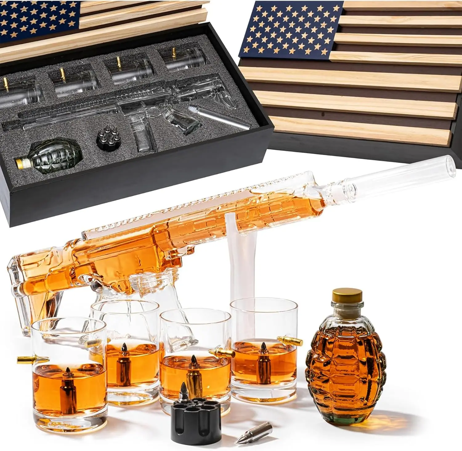 

AR15 Whiskey Gun Decanter Flag Set - 1000ml Set - American Flag Gift Box & Bullet Glasses